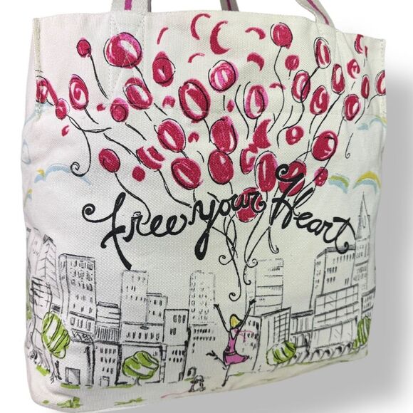 Brighton Free Your Heart B Mine White Cotton Canvas Tote Bag Balloons Red Love - Picture 4 of 12